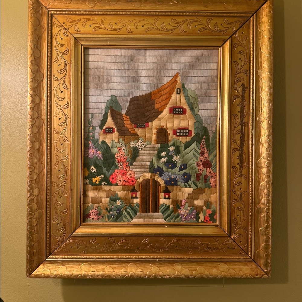 Framed Needlepoint Cottage Art